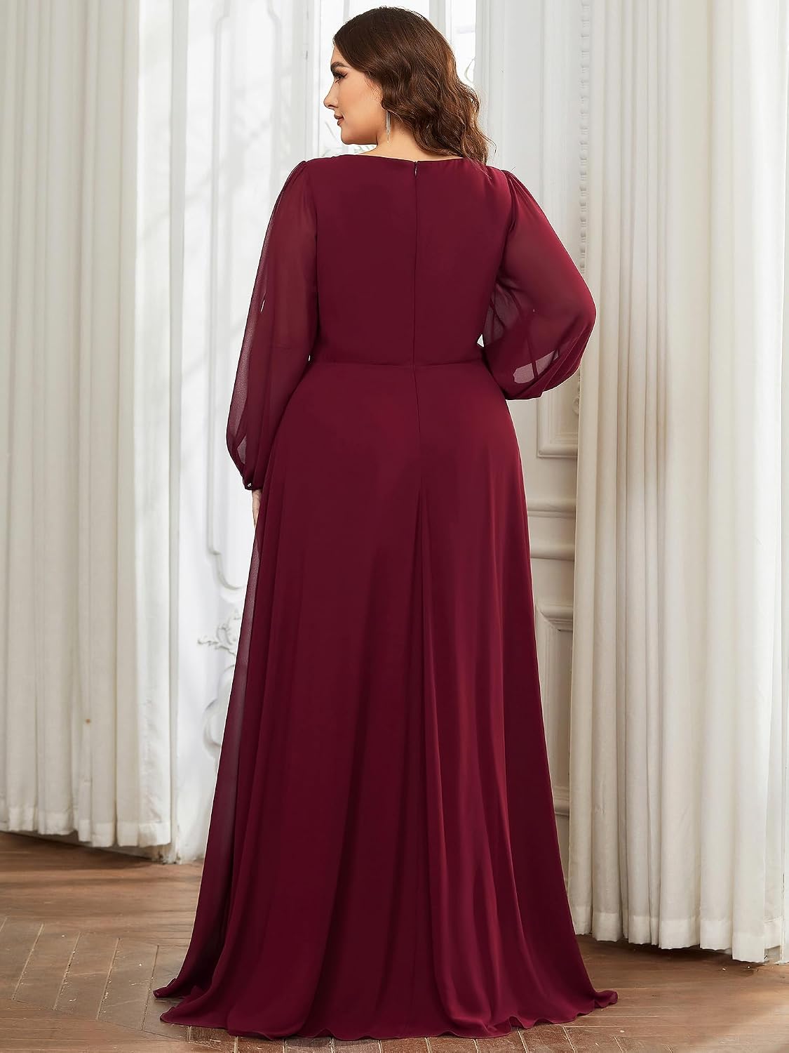 Ever-Pretty V Neck Long Sleeves Applique Chiffon Plus Size Long Ball Gown Formal Evening Dress for Women