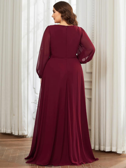 Ever-Pretty V Neck Long Sleeves Applique Chiffon Plus Size Long Ball Gown Formal Evening Dress for Women