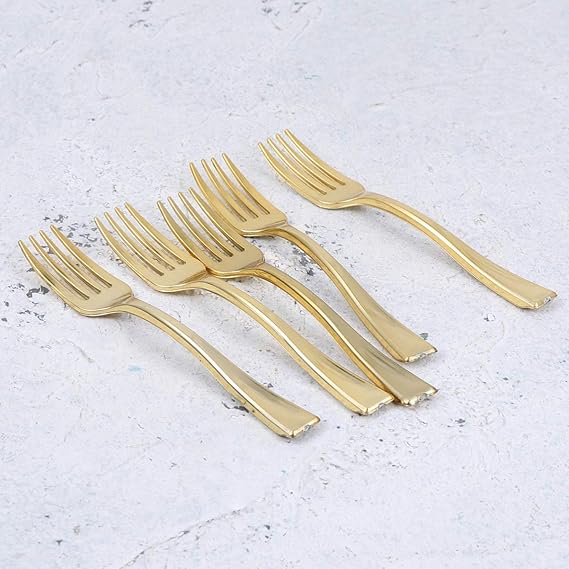 Cabilock 24pcs Disposable Mini Fork Fruit Dessert Pudding Forks Mini Plastic Tasting Forks for Appetizer Desserts Cocktail Cake Fruit Wedding Party Gold