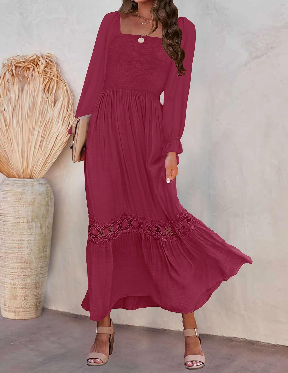 ZESICA Women's 2026 Boho Long Sleeve Square Neck Smocked High Waist Flowy A Line Lace Trim Maxi Dress .