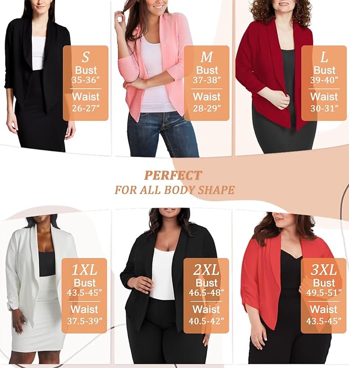 Hybrid  Company Lightweight Open Front Cardigan Classic Ruched Sleeve Work Office Blazer Suit Jackets