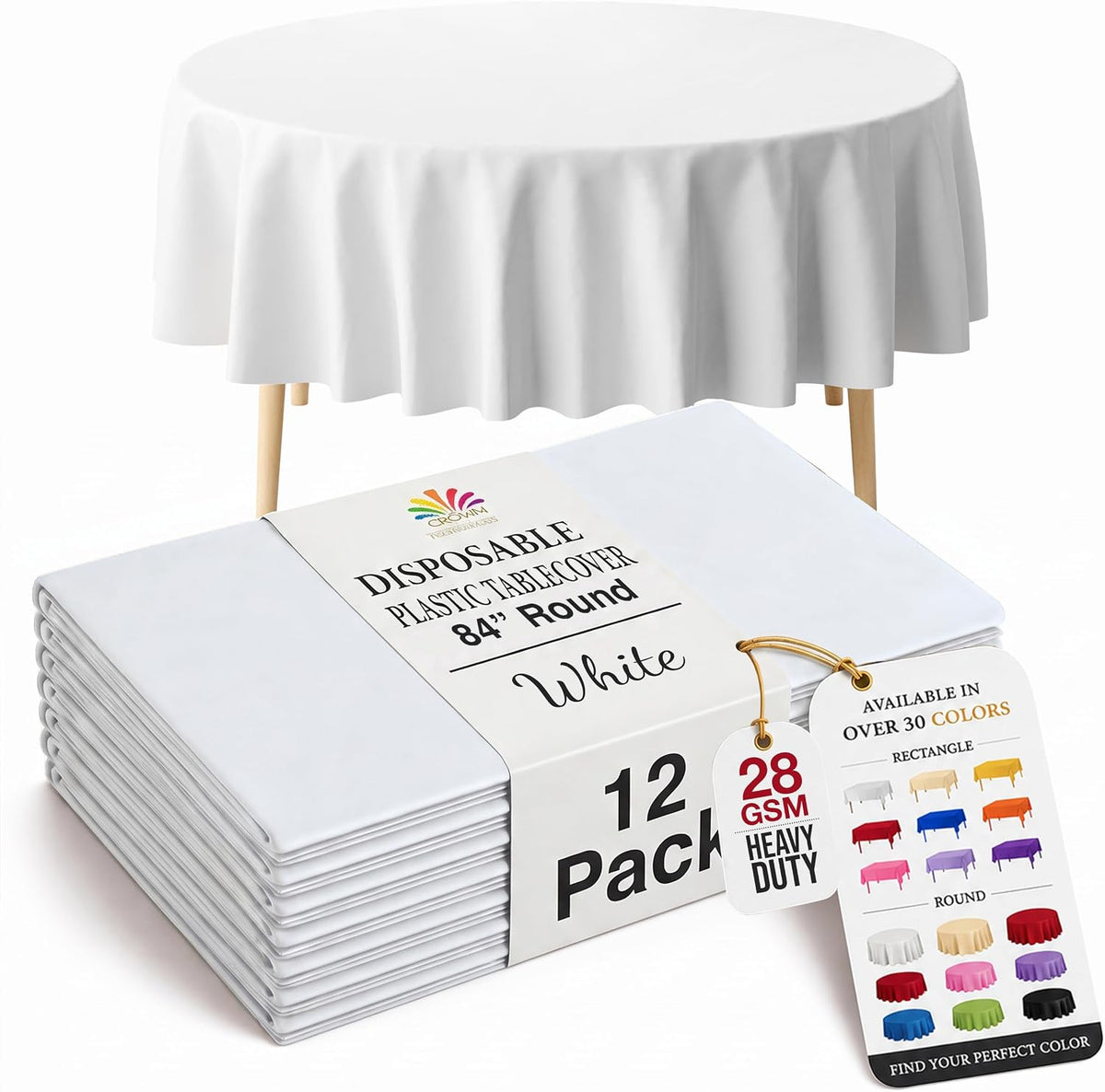 Exquisite 12-Pack Premium Plastic Tablecloth 84in. Round Table Cover - White