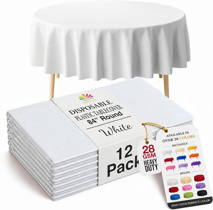 Exquisite 12-Pack Premium Plastic Tablecloth 84in. Round Table Cover - White