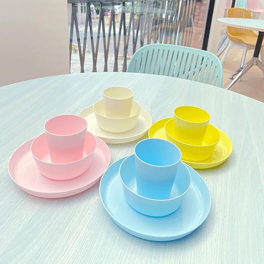 12 PCS Tableware Sets Dinner Plate Bowl Cup Sets Microwave Safe Unbreakable Reusable Tableware Material Plates Set