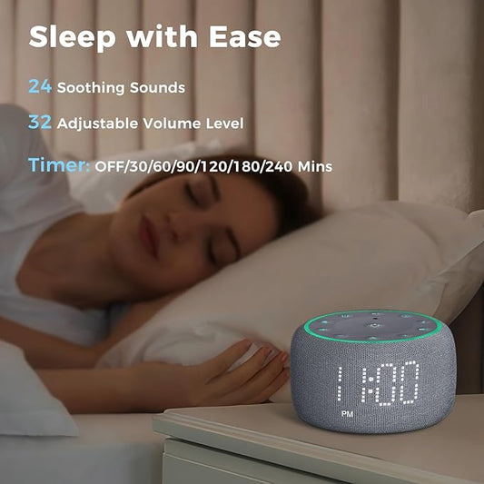 White Noise Machine Alarm Clock for Bedrooms - 5W Stereo Bluetooth Speaker - 24 Soothing Sounds - 9 Night Lights - Auto-Dimmable Digital Alarm Clock Sound Machine for Sleeping