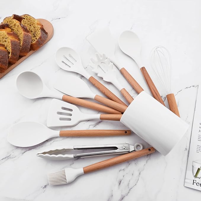 1pc White Silicone Spatula Set with Wooden Handle, Heat Resistant Cooking Utensils, Ideal Cookware for Cooking, Baking and Mixing.
