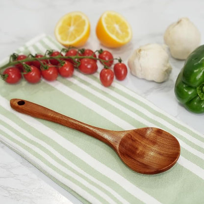 Zulay Kitchen 9.4" Teak Wooden Cooking Spoon  Durable, Non-Stick Wooden Utensil for Cooking, Stirring, Mixing  Serving  Heat-Resistant, Smooth Finish Kitchen Spoon for Nonstick Cookware