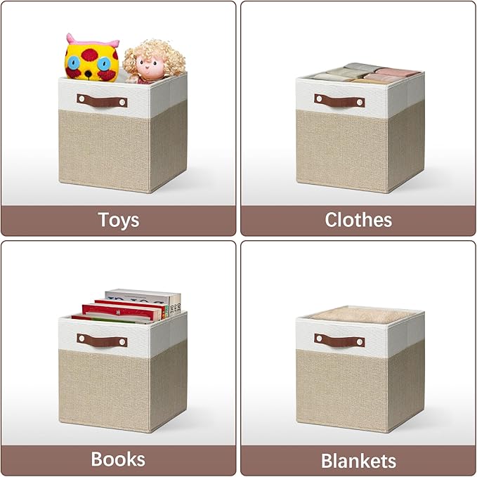 11 inch Open Collapsible Fabric Storage Bins with Vegan Leather Handles, Sturdy Cube Storage Baskets for Shelves, Closet, Nursery, and Home Organization. (White and khaki, (11x11) 4 pack)