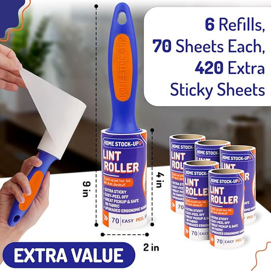 Lint Rollers for Pet Hair Extra Sticky - Includes 420 Sheets6 Lint Roller Refills with 2 Durable Handles  1 Cover - Pet Hair Roller for Clothes - Lint Remover for Clothes, Furniture, Carpet etc