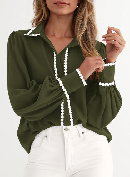 Large, Color Black, PRETTYGARDEN Womens Long Sleeve Button Down Shirts 2026 Trendy V Neck Loose Fit Fall Tops Collared Dressy Casual Blouses.