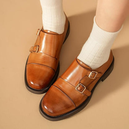 BEAU TODAY Monk Strap Loafers, Womens Leather Loafers, Cap Toe Slip-Ons Waxed Calfskin Loafer Flats for Business Casual Dress Women Shoes
