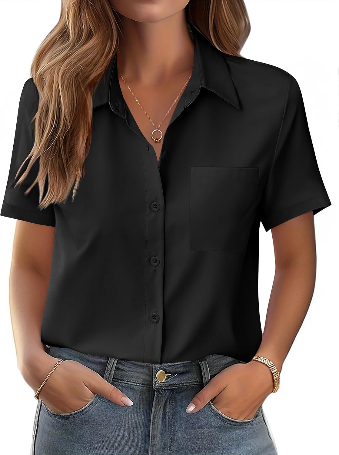 Womens Button Down Shirt Bust Pocket Short Sleeve Blouses Business Casual Work Tops Summer Outfits