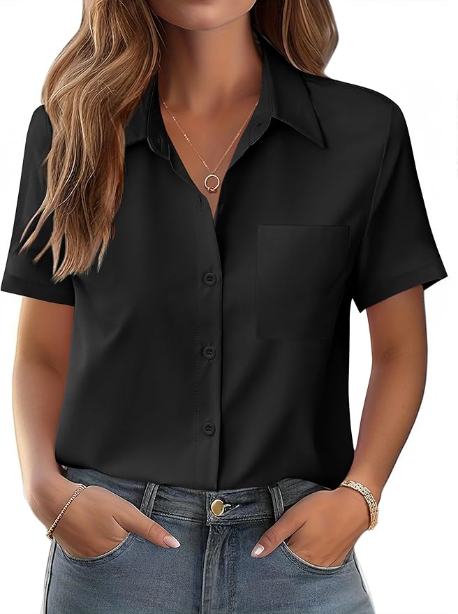 Womens Button Down Shirt Bust Pocket Short Sleeve Blouses Business Casual Work Tops Summer Outfits
