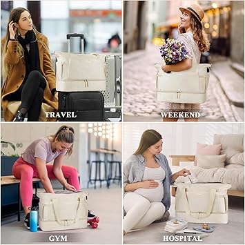 ETRONIK Gym Bag for Women, Personal Item Travel Bag with Shoes Compartment, Weekender Overnight Duffel Bag with Wet Pocket  USB Charging Port, Carry On Bag for Women, Travel, Gym, Weekend (Beige)