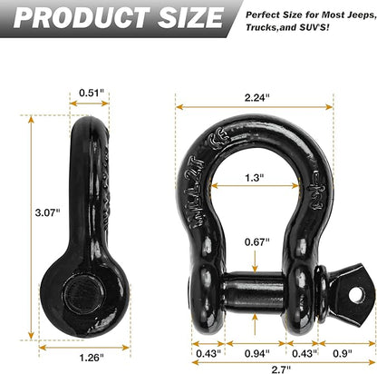 D Ring Shackles, 12" Clevis Shackle with 916" Screw Pin 26,400Ibs Break Strength, Rugged Off Winch Shackle Heavy Duty Shakcles (Black) Accessories for Jeep Pickup Trucks SUV Trailer ATV UTV
