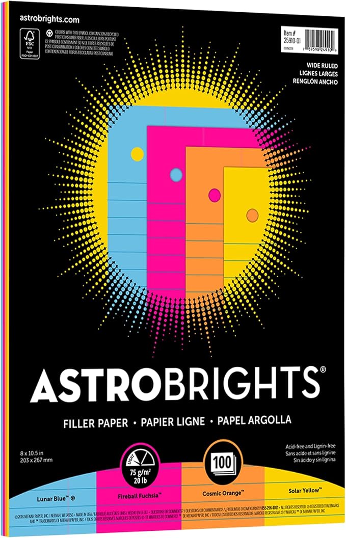 Astrobrights Filler Paper, 8" x 10 12", Wide Ruled, 20 Lb, FSC Certified, Assorted Colors, Pack Of 100 Sheets