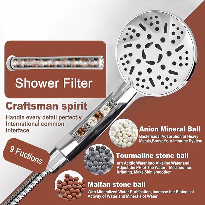 9 Modes High Pressure Handheld Shower Head with Hard Water Softening Filter to Remove Chlorine and Other Compounds, Reduces Dry Itchy Skin, Includes Hoses