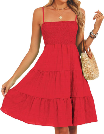 Womens Casual Summer Spaghetti Strap Smocked A Line Beach Vacation Sun Dress Above The Knee