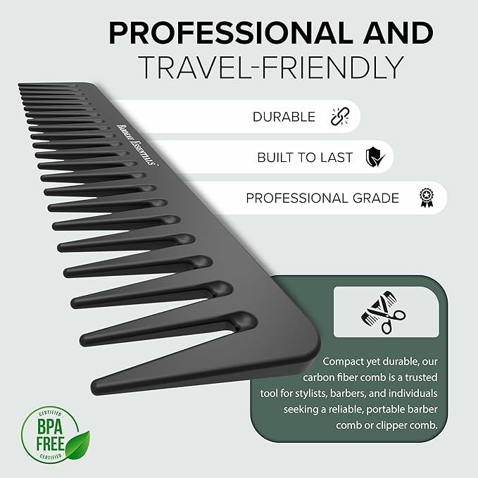 Black Carbon Wide Tooth Comb for Curly and Straight Hair (7 inch) - Professional Detangling Comb for Men & Women - Detangler Big Tooth Comb for Curls and Wet Hair - Large Barber Comb for Hair Styling