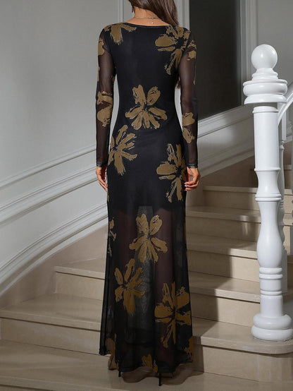 Verdusa Women's Floral Mesh Maxi Dresses Elegant Formal Long Sleeve Spring Wedding Guest Dress Cocktail.