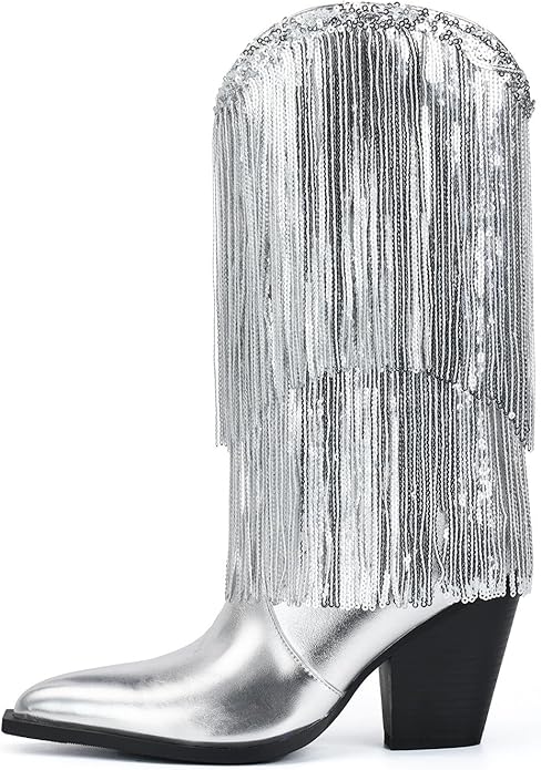 VARECOLA Fringe Western Cowboy Boots Metallic Cowgirl Boots for Women Pointed Toe Mid Calf Boots Fashion Party Boots