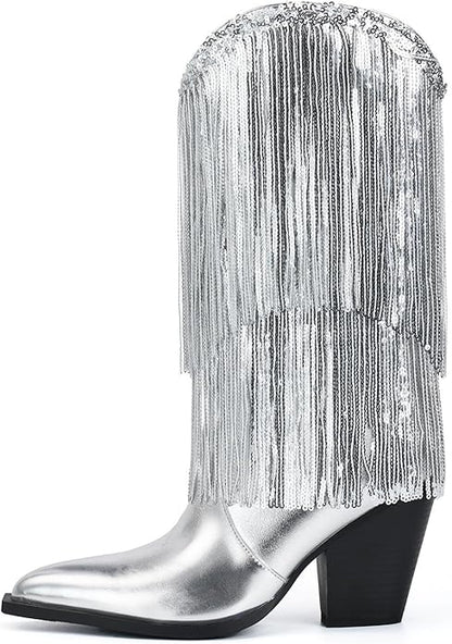 VARECOLA Fringe Western Cowboy Boots Metallic Cowgirl Boots for Women Pointed Toe Mid Calf Boots Fashion Party Boots