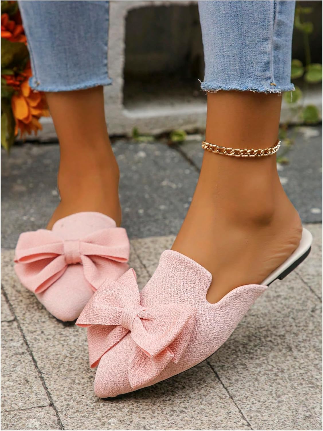 Verdusa Mules for Women Bow Dressy Pointed Toe Flat Shoes Backless Loafers Slide Sandals Casual Slides Work Shoes