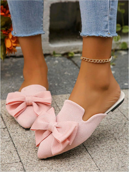 Verdusa Mules for Women Bow Dressy Pointed Toe Flat Shoes Backless Loafers Slide Sandals Casual Slides Work Shoes