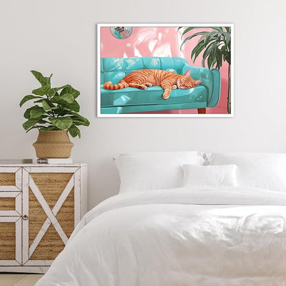 LRCYBMN Trendy Disco Ball Orange Cat Posters Funny Pet Orange Cat Sleeps On The Sofa Canvas Oil Painting Bar Cart Wall Decor Home Room Decor Aesthetics 16X24 in Unframed