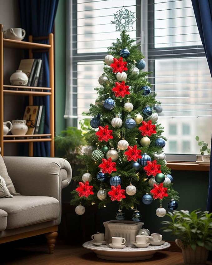 Artificial Poinsettias Christmas Flowers, 12 Pcs Fake Christmas Flowers with Clips and Stems for Wreath Garland, Wedding, Holiday Christmas Tree Ornaments Decor