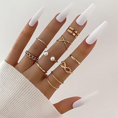 9x Bohemian Finger Ring Adjustable Band Ring Pearl Open Ring Silver Stackable Ring for Party Dress Accessory Birthday