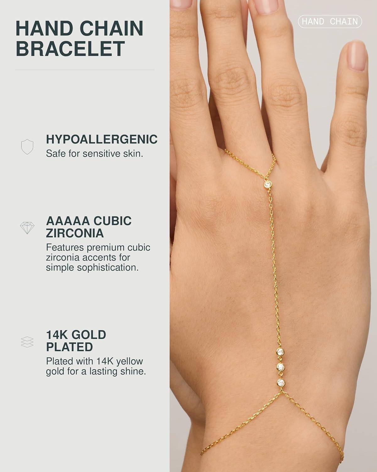 PAVOI 14K Gold Plated Hand Chains for Women - Adjustable Hand Chain Bracelet and Ring - Trendy Gold Handchain Bracelet Stack Summer Jewelry - Cubic Zirconia Body Jewelry