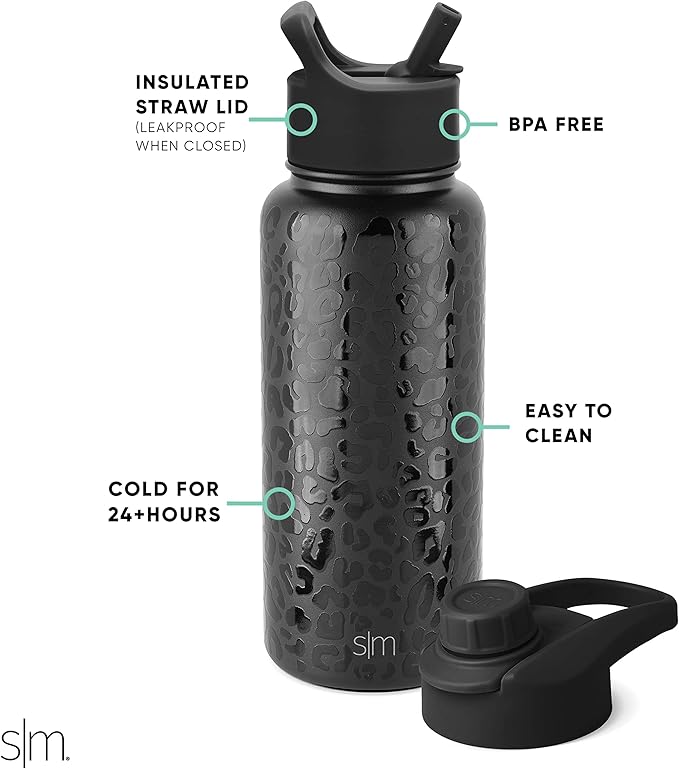 Simple Modern Water Bottle with Straw and Chug Lid Vacuum Insulated Stainless Steel Metal Thermos Bottles  Reusable Leak Proof BPA-Free Flask for Sports Gym  Summit Collection  32oz, Black Leopard
