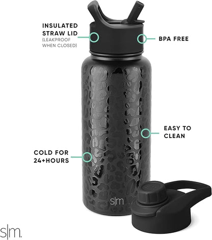 Simple Modern Water Bottle with Straw and Chug Lid Vacuum Insulated Stainless Steel Metal Thermos Bottles  Reusable Leak Proof BPA-Free Flask for Sports Gym  Summit Collection  32oz, Black Leopard