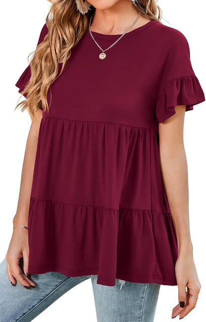 Neineiwu Women's Casual Ruffle Short Sleeve Crewneck Loose Tops Blouses Tunics