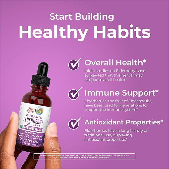 MaryRuth Organics Elderberry Syrup  USDA Organic  Sugar Free Immune Support Supplement for Adults  Kids, Ages 1  Vegan, Non-GMO, Immune Boosters, Clean Label Project Verified  1 Fl Oz