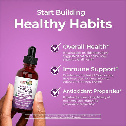 MaryRuth Organics Elderberry Syrup  USDA Organic  Sugar Free Immune Support Supplement for Adults  Kids, Ages 1  Vegan, Non-GMO, Immune Boosters, Clean Label Project Verified  1 Fl Oz