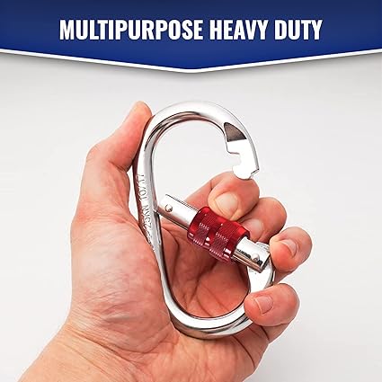 Carabiner Clip  UIAA Certified 25 kN 5620 LB, Large Heavy Duty Carabiners for Climbing: Oval-Shape, Screw Locking Steel Caribeener Clips, Hammocks, Hiking, Camping  Durable Tested