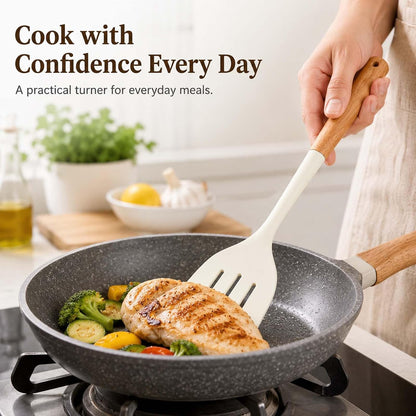 Silicone Slotted Spatula Turner Nonstick Kitchen Turner with Wooden Handle Flexible Fish Spatula for Eggs Pancakes Fish Frying Flipping and Daily Cooking