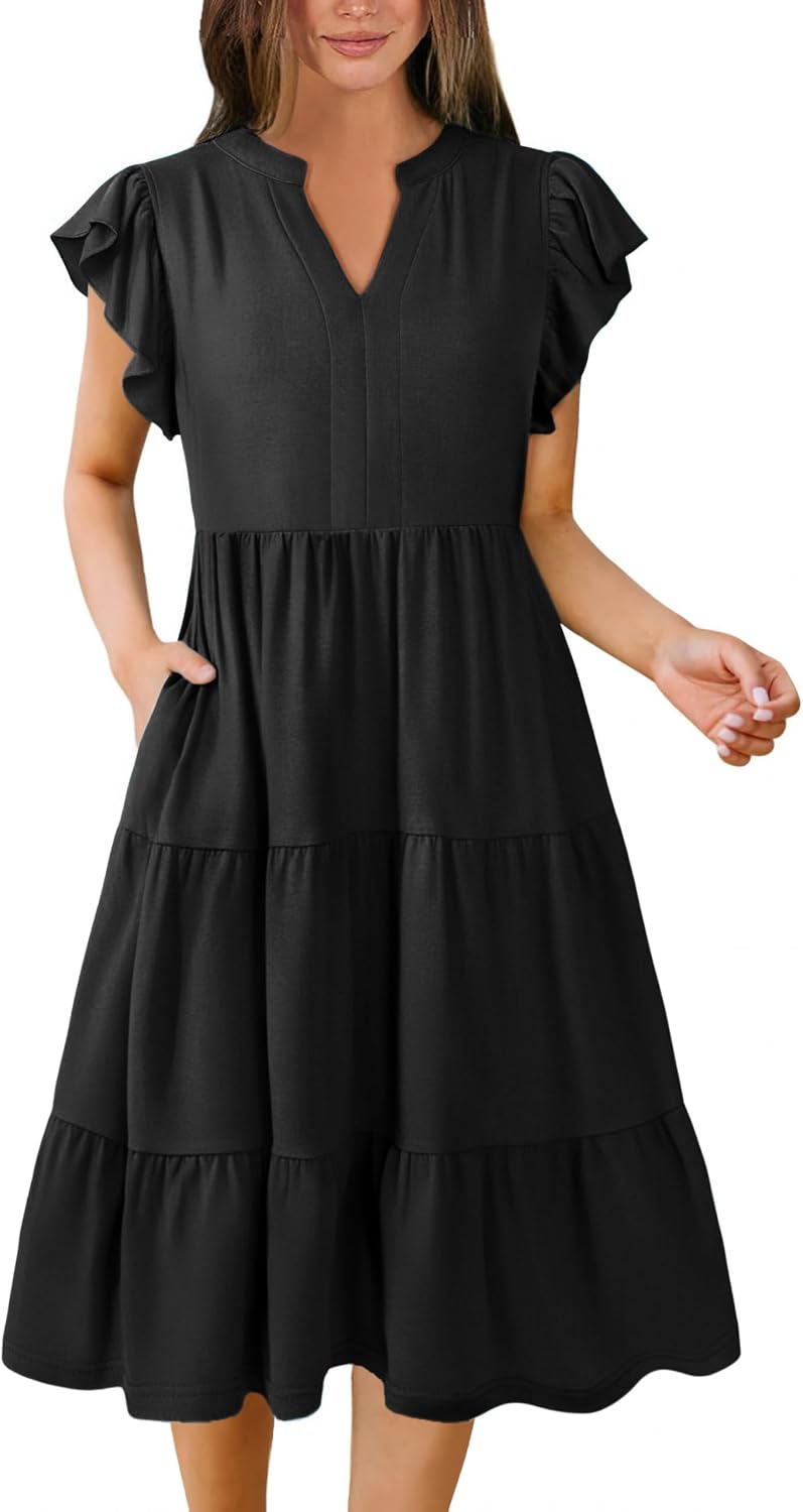 Hount Women's Summer Casual Dress 2026 V Neck Ruffle Sleeve Midi Sundress Flowy Tiered Hawaiian Beach Dresses with Pockets