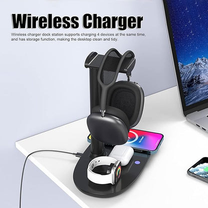 Wireless Charger Compatible,Detachable Design Headphone Stand,Stylish Appearance 4 in 1 Wireless Charger with Headphone Stand Headset Holder,for Mobile Phones Earphones Watches