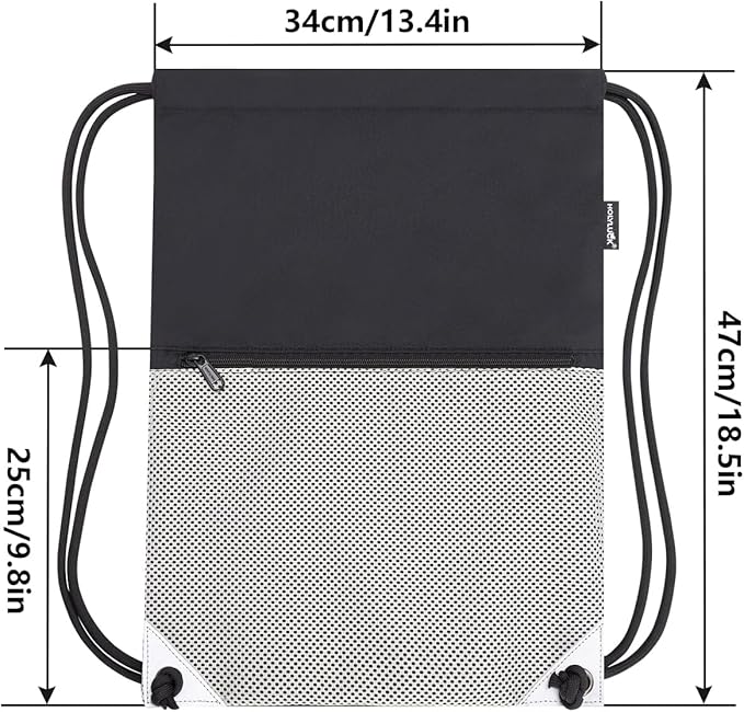 HOLYLUCK Drawstring Backpack Gym Sports Bag with Front mesh zipper Pocket 18.6" L x 13.5" W Cinch Sack String Sackpack For Men Women (black and grey)
