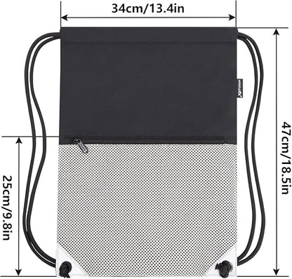 HOLYLUCK Drawstring Backpack Gym Sports Bag with Front mesh zipper Pocket 18.6" L x 13.5" W Cinch Sack String Sackpack For Men Women (black and grey)