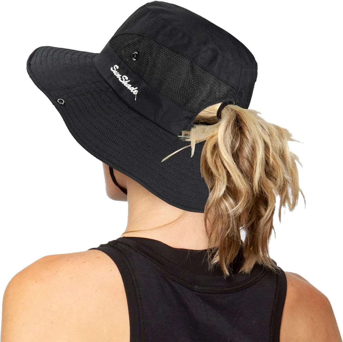 Women's Outdoor UV-Protection-Foldable Sun-Hats Mesh Wide-Brim Beach Fishing Hat with Ponytail-Hole. ( Black )