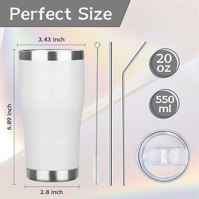 MEZMUT 20oz Coffee Tumbler with Lid and Straw Double Wall Vacuum Insulated Cup Stainless Steel Travel Mugs Insulated for Hot Cold Leakproof Powder Coated Tumbler for Indoor Outdoor(White, 4)