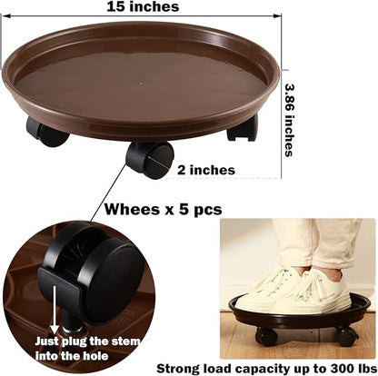 Pack of 5 extra-large plant baskets with wheels, 15-inch rolling stands, sturdy plastic roller base, brown color