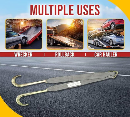 Mytee Products Tow Straps V Bridle 3" x 24" w/ 15" Long Shank J Hooks 5400 lbs Working Load | Recovery V Strap for Car Wrecker Rollback, Car Hauler Carrier