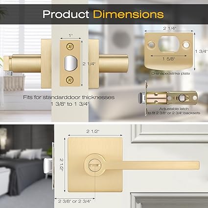 EHOMEWARE 1 Pack Gold Door Handles, Heavy Duty Door Knobs Interior for Bedroom Bathroom, Zinc Alloy Privacy Door Levers Door Handle with Lock, Satin Brass Modern Door Hardware  Locks