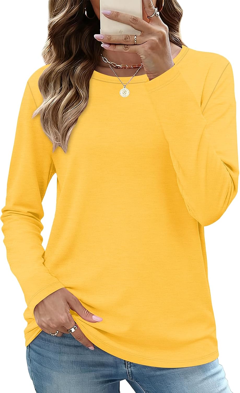 Very light yellow in color Women Long Sleeve Shirts Casual Dressy Soft Basic Tee Loose Fit Tunic Tops | Fall Tops, Soft & Breathable, Crew Neck, cotton, School Outfits, Teacher T-shirts, Winter Clothes, Solo or Layered, 2026