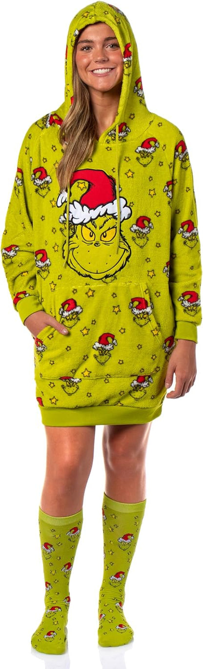 Large Size, MJC Dr. Seuss The Grinch Women's Pullover Hooded Plush Fleece Adult Pajama Dorm Sleep Shirt With Knee High Socks.